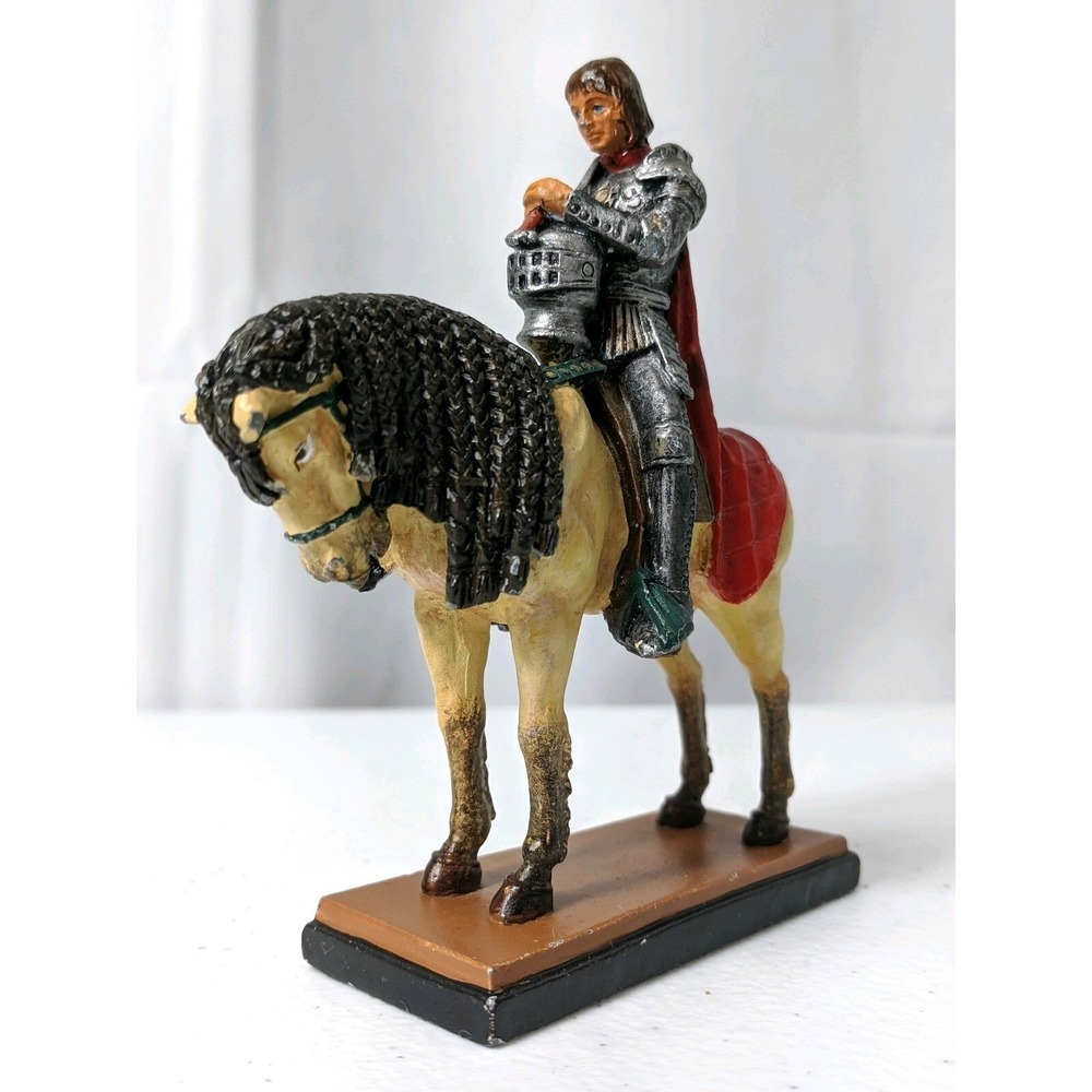 Hand Painted Medieval Knight on Horse Figurine Silver Armor Red Cape Statue 4.5